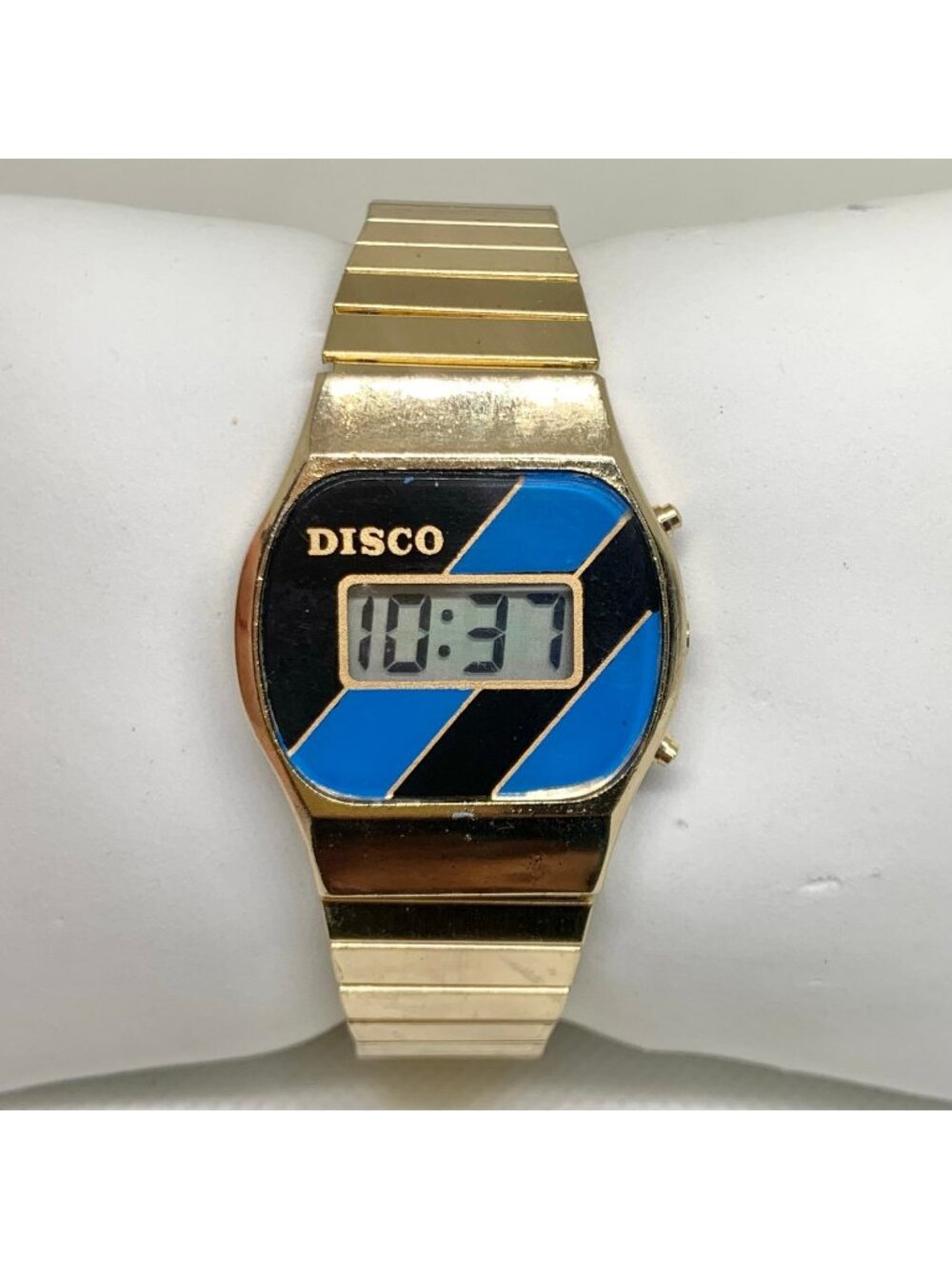 Vintage disco digital quartz Lcd watch gold tone 32mm black blue 6.5” running